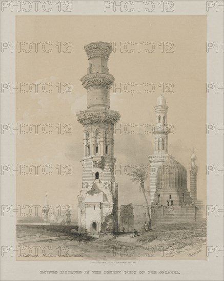 Egypt and Nubia, Volume III: Ruined Mosques in the Desert, West of the Citadel, 1849. Louis Haghe (British, 1806-1885), F.G.Moon, 20 Threadneedle Street, London, after David Roberts (British, 1796-1864). Color lithograph; sheet: 43.5 x 43.1 cm (17 1/8 x 16 15/16 in.); image: 31.2 x 24.4 cm (12 5/16 x 9 5/8 in.).