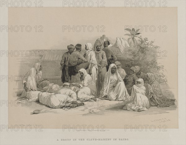 Egypt and Nubia, Volume III: In the Slave Market at Cairo, 1849. Louis Haghe (British, 1806-1885), F.G.Moon, 20 Threadneedle Street, London, after David Roberts (British, 1796-1864). Color lithograph; sheet: 37.4 x 43.6 cm (14 3/4 x 17 3/16 in.); image: 25.1 x 35.2 cm (9 7/8 x 13 7/8 in.)