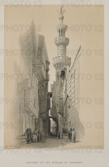 Egypt and Nubia, Volume III: The Minaret of the Mosque El Rhamree, 1848. Louis Haghe (British, 1806-1885), F.G. Moon, 20 Threadneedle Street, London, after David Roberts (British, 1796-1864). Color lithograph; sheet: 43.6 x 40.5 cm (17 3/16 x 15 15/16 in.); image: 35.5 x 24.6 cm (14 x 9 11/16 in.).