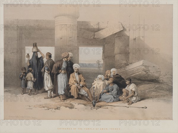 Egypt and Nubia, Volume II: Entrance of the Temple of Amun, Thebes, 1847. Louis Haghe (British, 1806-1885), F.G. Moon, 20 Threadneedle Street, London, after David Roberts (British, 1796-1864). Color lithograph; sheet: 43.6 x 60.3 cm (17 3/16 x 23 3/4 in.); image: 33.1 x 48.2 cm (13 1/16 x 19 in.)