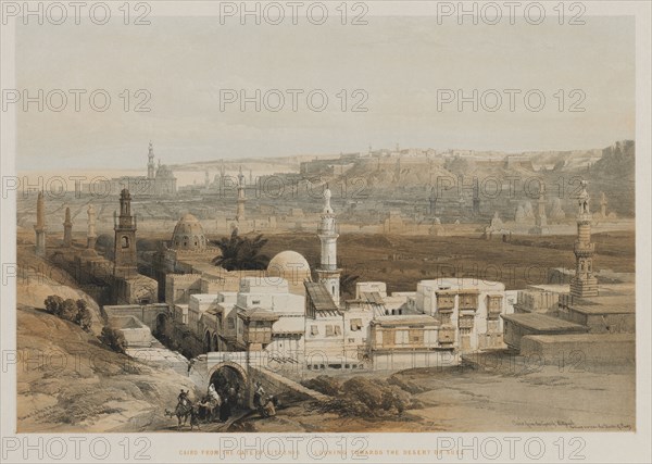 Egypt and Nubia, Volume III: Cairo from the Gate of Citzenib, Looking towards the Desert of Suez, 1849. Louis Haghe (British, 1806-1885), F.G. Moon, 20 Threadneedle Street, London, after David Roberts (British, 1796-1864). Color lithograph; sheet: 43.7 x 60.5 cm (17 3/16 x 23 13/16 in.); image: 33 x 48.9 cm (13 x 19 1/4 in.)