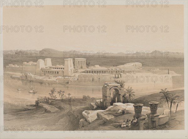 Egypt and Nubia, Volume I: General View of the Island of Philae, Nubia, 1846. Louis Haghe (British, 1806-1885), F.G. Moon, 20 Threadneedle Street, London, after David Roberts (British, 1796-1864). Color lithograph; sheet: 43.2 x 60.4 cm (17 x 23 3/4 in.); image: 36.4 x 52.3 cm (14 5/16 x 20 9/16 in.)