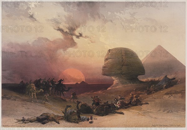 Egypt and Nubia, Volume III:  Approach of the Simoon-Desert at Gizeh, 1849. Louis Haghe (British, 1806-1885), F.G. Moon, 20 Threadneedle Street, London, after David Roberts (British, 1796-1864). Color lithograph; sheet: 43.6 x 60.4 cm (17 3/16 x 23 3/4 in.); image: 33.1 x 48.5 cm (13 1/16 x 19 1/8 in.)