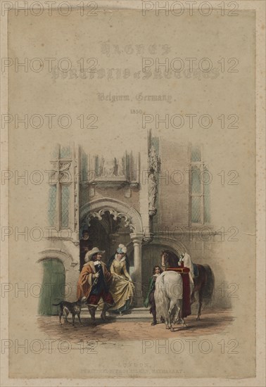 Haghe's Portfolio of Sketches. Belgium. Germany, vol. III: Title Page, on a door, part of a view, Porch of a Private House, Bruges, 1850. Louis Haghe (British, 1806-1885), Thomas McLean, Haymarket, London. Color lithograph; sheet: 53.8 x 41.8 cm (21 3/16 x 16 7/16 in.); image: 40.6 x 27.4 cm (16 x 10 13/16 in.)