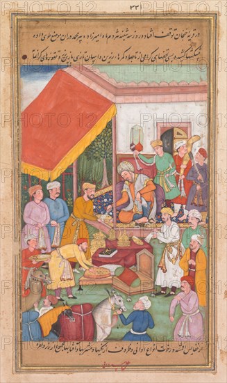 Timur distributes gifts from his grandson, the Prince of Multan, from a Zafar-nama (Book of Victories), 1598-1600. Shravana (Indian). Opaque watercolor, ink, and gold on paper; sheet: 28.2 x 20.2 cm (11 1/8 x 7 15/16 in.); image: 14.7 x 9.8 cm (5 13/16 x 3 7/8 in.).