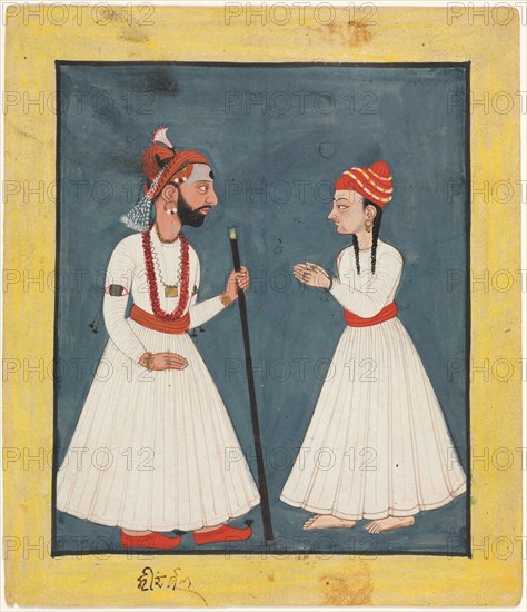 Raja Shamsher Sen with a Youth , 1760-70. India, Himachal Pradesh, Mandi. Opaque watercolor and ink on paper; image: 16.5 x 13.9 cm (6 1/2 x 5 1/2 in.); border: 20.3 x 17.6 cm (8 x 6 15/16 in.).