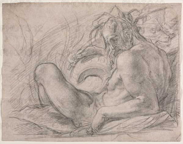 The River God Tiber (Study for a fresco, Miracle of the Snow, or the Foundation of Santa Maria Maggiore, Rome in the Canigiani chapel of S. Felicita, Florence), 1589. Bernardino Poccetti (Italian, 1548-1612). Black chalk on antique laid paper; sheet: 23.6 x 30.9 cm (9 5/16 x 12 3/16 in.).