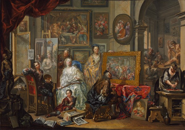 The Artist's Studio, 1740s-1750s. Johann Georg Platzer (Austrian, 1704-1761). Oil on copper; framed: 55.6 x 73.3 cm (21 7/8 x 28 7/8 in.); unframed: 41.9 x 60 cm (16 1/2 x 23 5/8 in.).