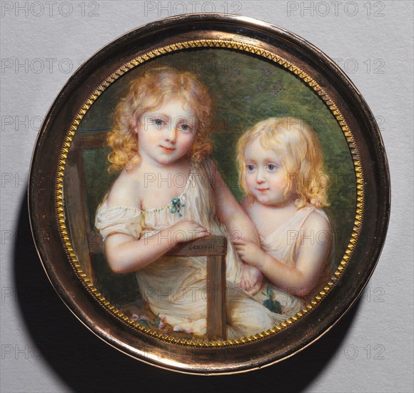 Portrait of the Artist's Children Emma and Paul, c. 1795. Jean-Antoine Laurent (French, 1763-1832). Watercolor on ivory, gold mount, set in the cover of a composition bonbonniere; diameter: 6.3 cm (2 1/2 in.); diameter of frame: 8 cm (3 1/8 in.).
