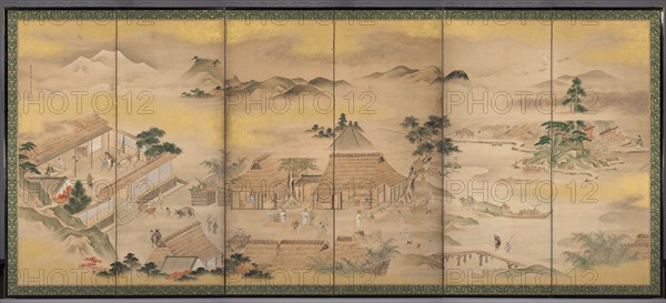 Spring and Autumn Farming (Autumn), 1700s. Ko Sukoku (Japanese, 1730-1804). Six-panel folding screen, ink, light color, gold, and silver on paper; overall: 170.2 x 353.5 cm (67 x 139 3/16 in.).