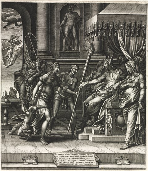 The Calumny of Apelles, 1560. Giorgio Ghisi (Italian, 1520-1582), after Luca Penni (Italian, 1500/04-1557). Engraving; sheet: 37.3 x 32.3 cm (14 11/16 x 12 11/16 in.); platemark: 36.9 x 31.9 cm (14 1/2 x 12 9/16 in.)