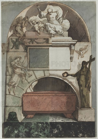 Design for a Fresco of an Artist's Tomb in the Certosa of Bologna (recto), c. 1810-1820. Pietro Fancelli (Italian, 1764-1850). Pen and brown ink and watercolor with graphite under drawing; sheet: 49.2 x 34.3 cm (19 3/8 x 13 1/2 in.).