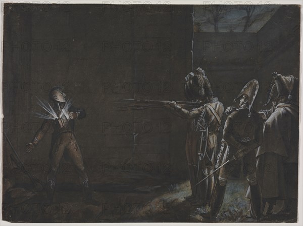 Execution of the Duke d'Enghien, 21 March 1804, c. 1870. Anonymous. Brown ink wash, pen and brown ink, with white and blue-gray gouache highlights on medium-weight wove paper; sheet: 26.8 x 36.4 cm (10 9/16 x 14 5/16 in.).