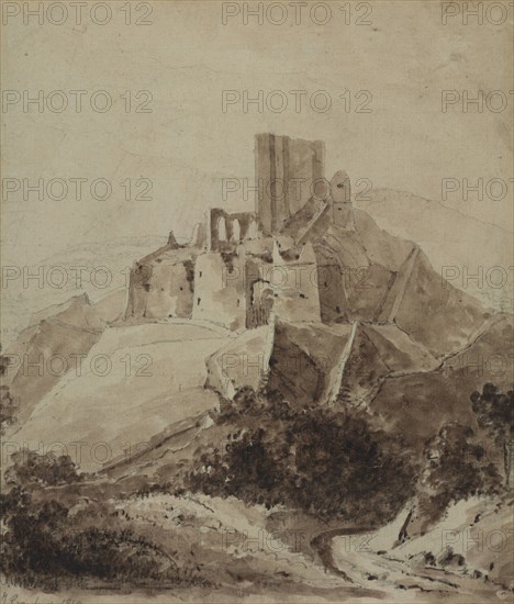 Ruins of Chateau d'Arque, 1819. Isidore Justin Taylor (French, 1789-1879). Pen and brown ink, brush and brown wash over black chalk on laid paper; sheet: 21.5 x 18.3 cm (8 7/16 x 7 3/16 in.).