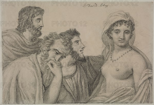 Phryné before the Judges, c. 1816-1820. Jacques-Louis David (French, 1748-1825). Black chalk on wove paper; sheet: 13.5 x 19.9 cm (5 5/16 x 7 13/16 in.); secondary support: 18.7 x 27.2 cm (7 3/8 x 10 11/16 in.).