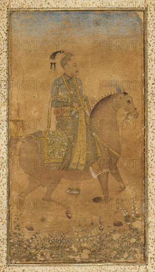 Sultan Abdullah Qutb Shah (1614-74) on Horseback, c. 1635. Southern India, Golconda. Ink, watercolor, and gold on paper, mounted with gold-sprinkled borders;