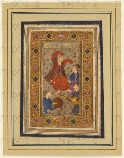 A dancing dervish and three musicians, from a Divan (Collected Poems) of Urfi (Persian, 1555–1591), 1637. India, Muhammadpur, Bijapur, Deccan, 17th century. Opaque watercolor with gold on paper, mounted with plain paper borders; page: 14.8 x 11.5 cm (5 13/16 x 4 1/2 in.); painting: 6.2 x 3.5 cm (2 7/16 x 1 3/8 in.).