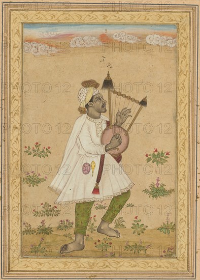 An African Lyre Player (recto); Calligraphy (verso), c. 1640-1660. India, Deccan, 17th century. Ink, opaque watercolor, and gold on paper (recto); ink on paper, six lines of Persian poetry (verso);