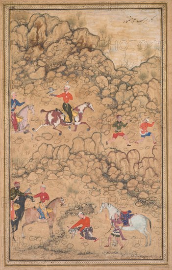 Hunting with Falcons in a Landscape, c. 1558-1560; borders added probably 1700s. Attributed to Abd al-Samad (Persian, c. 1510–1600). Opaque watercolor on paper (recto); page: 35.7 x 24.3 cm (14 1/16 x 9 9/16 in.).
