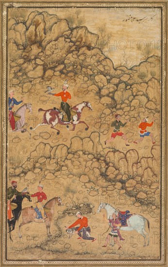 Hunting with falcons in a landscape; Verso: Calligraphy of Chaghatai Turkish poems in praise of wine, Sultan Muhammad Nur (Persian, c. 1472–1536) and Mirza Muhammad (probably Persian, active c. 1520s), c. 1558–60; borders added probably 1700s. Attributed to Abd al-Samad (Persian, c. 1510–1600). Opaque watercolor on paper (recto); ink on paper (verso); page: 35.7 x 24.3 cm (14 1/16 x 9 9/16 in.); painting: 21.5 x 13 cm (8 7/16 x 5 1/8 in.).