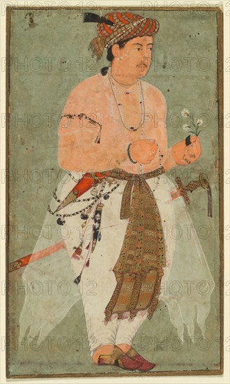A Mughal Prince, Perhaps Danyal, Holding a Sprig of Flowers, c. 1580-1590. India, Mughal, 16th century. Opaque watercolor with gold on paper; miniature: 14.6 x 8.7 cm (5 3/4 x 3 7/16 in.).