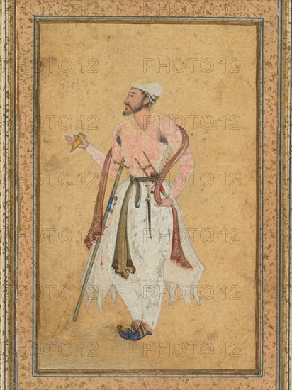 A Mughal courtier, c. 1575; border added probably 1700s. India, Mughal, 16th century. Opaque watercolor with gold on paper, mounted with gold-sprinkled borders;