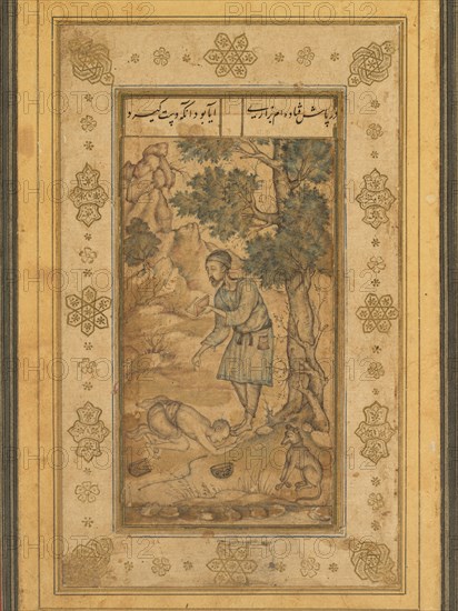 A mendicant bowing before a holy man, from the Prince Salim Album, c. 1585; inner border added in Allahabad c. 1602; outer border added probably 1900s. Basavana (Indian, active c. 1560–1600). Opaque watercolor, ink, and gold on paper; page: 32.7 x 21.1 cm (12 7/8 x 8 5/16 in.); painting: 13.6 x 7.5 cm (5 3/8 x 2 15/16 in.).