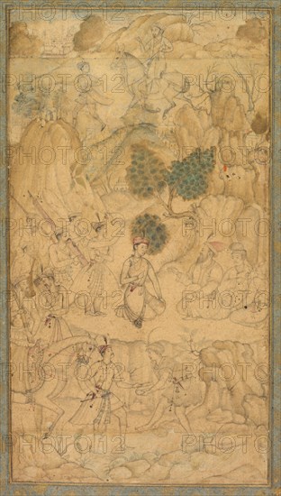 A prince visiting a holy man in a rocky landscape, c. 1590. India, Mughal court, 16th century. Opaque watercolor on paper; page: 34 x 20.7 cm (13 3/8 x 8 1/8 in.); painting: 18.4 x 10.1 cm (7 1/4 x 4 in.).
