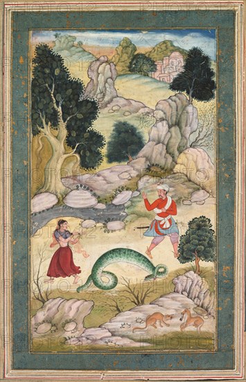 Lovers parting, page from a book of fables, c. 1590-95. Northern India, Mughal court, 16th century. Opaque watercolor with gold on paper, mounted on an album leaf with inner borders of gold-sprinkled blue paper and outer plain cream borders (recto); ink on paper, six lines of Persian calligraphy (verso); page: 36.1 x 24.8 cm (14 3/16 x 9 3/4 in.); painting: 24 x 12 cm (9 7/16 x 4 3/4 in.).