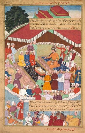 Hulagu Khan giving a feast and dispensing favor upon the amirs and princes, from a Chingiz-nama (Book of Chingiz Khan) of the Jami al-tavarikh (Compendium of Chronicles), c. 1596-1600. Lal (Indian, active c. 1555–1600), Dharam Das (Indian, active c. 1580–1605), Padarath (Indian, active late 1500s). Opaque watercolor, ink, and gold on paper, text on verso; page: 38.4 x 25.2 cm (15 1/8 x 9 15/16 in.); painting: 33.3 x 21.1 cm (13 1/8 x 8 5/16 in.).