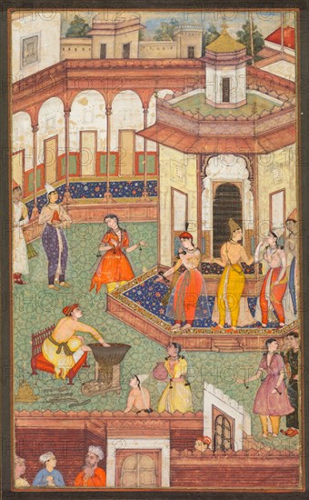 A Man Dips His Hand into a Cauldron as Ladies of the Harem Stand in Amazement: A Page from a Manuscript of Religious History, c. 1600. India, Mughal, early 17th century. Opaque watercolor with gold on paper, text on verso; page: 31.6 x 20.4 cm (12 7/16 x 8 1/16 in.).