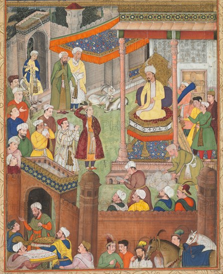 Babur receives booty and Humayun’s salute after the victory over Sultan Ibrahim in 1526, from an Akbar-nama (Book of Akbar) of Abu’l Fazl (Indian, 1551–1602), c. 1596-1597 or 1604. India, Mughal court, made for Emperor Akbar. Opaque watercolor on paper, mounted on an album page with borders of gold-decorated cream paper; page: 42 x 27.6 cm (16 9/16 x 10 7/8 in.).