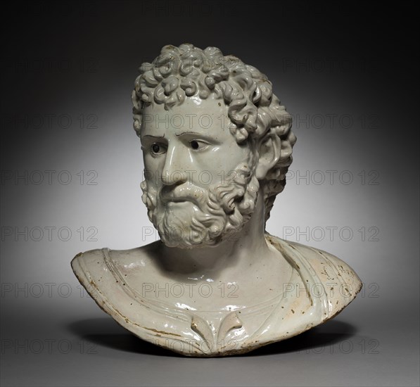 Bust of a Classical Hero or Emperor, early to mid 16th century. Girolamo della Robbia (Italian, 1488-1566). Glazed terracotta; overall: 37.5 x 37.5 x 21 cm (14 3/4 x 14 3/4 x 8 1/4 in.).
