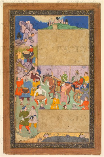 A charioteer riding through a rocky landscape with an entourage of footmen and musicians, page from a Razm-nama (Book of Wars) adapted from the Sanskrit Mahabharata and translated into Persian by Mir Ghiyath al-Din Ali Qazvini, known as Naqib Khan (Persian, d. 1614), 1616-1617. Attributed to Yusuf Ali (Indian, active early 1600s). Ink, opaque watercolor and gold on paper; page: 43.5 x 28.3 cm (17 1/8 x 11 1/8 in.).
