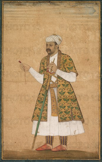A Courtier, Possibly Khan Alam, Holding a Spinel and a Deccan Sword, c. 1605-1610. Attributed to Govardhan (Indian, active c.1596-1645). Opaque watercolor and gold on paper, text on verso; page: 17.8 x 12.5 cm (7 x 4 15/16 in.).
