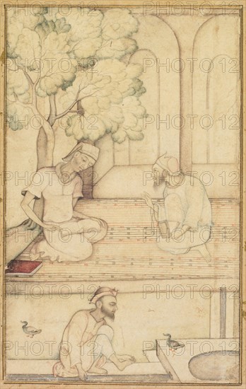 Kabir and Two Followers on a Terrace (recto); Calligraphy (verso), c. 1610-1620. India, Mughal, 17th century. Ink drawing with use of colors on paper, borders of gold-flecked cream paper (recto); ink, gold and opaque watercolor on paper, four lines of calligraphy with illuminated panels (verso); page: 28 x 21 cm (11 x 8 1/4 in.).
