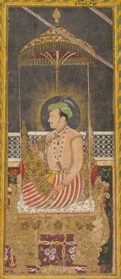 Posthumous portrait of Emperor Jahangir under a canopy, c. 1650. India, Mughal, 17th century. Opaque watercolor and gold on paper, borders with floral motifs in colors and gold; page: 35.2 x 22.1 cm (13 7/8 x 8 11/16 in.).