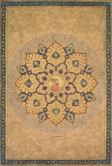 Shamsa (sunburst) with portrait of Aurangzeb (1618-1707), from the Emperor's Album (the Kevorkian Album), illumination 1640–55; original portrait c. 1640–50; altered after 1658. Probably by Bichitr (Indian, active c. 1615–50). Opaque watercolor and gold on paper; page: 40 x 27.7 cm (15 3/4 x 10 7/8 in.).