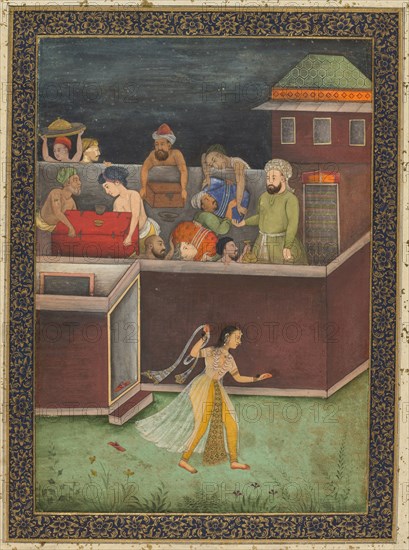A House Burgled at Night, c. 1700. India, Mughal, early 18th century. Opaque watercolor with gold on paper; page: 38.7 x 28.7 cm (15 1/4 x 11 5/16 in.).