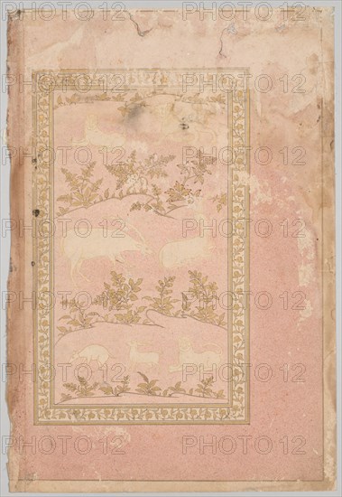 Stenciled Scenes of Lion and Gazelle, c. 1710. India, Mughal, early 18th century. Ink and gold on pink-speckled paper (verso); page: 42.2 x 28.5 cm (16 5/8 x 11 1/4 in.).