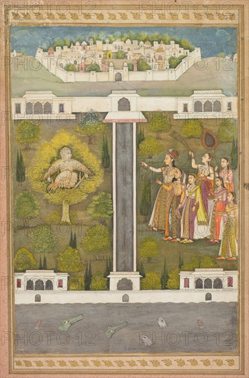 Mahliqa, Daughter of the Emperor of China, Pointing at the Bird-Man Khwaja Mubarak: A Leaf from a Poetical Romance Relating to Shah Alam I (verso); Stenciled Scenes of Lion and Gazelle (verso), c. 1710. India, Mughal, early 18th century. Opaque watercolor with gold on paper (recto); ink and gold on pink-speckled paper (verso); page: 42.2 x 28.5 cm (16 5/8 x 11 1/4 in.).