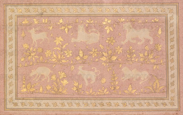 Stenciled Scenes of Lion and Gazelle, c. 1710. India, Mughal, early 18th century. Ink and gold on pink-speckled paper (verso); page: 43 x 28.9 cm (16 15/16 x 11 3/8 in.).