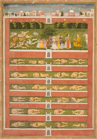 A Princess and Demons before a Nobleman: A Leaf from a Poetical Romance Relating to Shah Alam I (recto); Stenciled Scenes of Lion and Gazelle (verso), c. 1710. India, Mughal, early 18th century. Opaque watercolor with gold on paper (recto); ink and gold on pink-speckled paper (verso); page: 43 x 28.9 cm (16 15/16 x 11 3/8 in.).