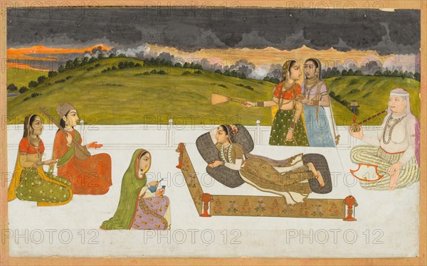 A princess reclining on a terrace with attendants, c. 1730-1740. India, Mughal, 18th century. Opaque watercolor and gold on paper; page: 20.6 x 30.6 cm (8 1/8 x 12 1/16 in.).