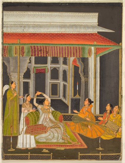 A princess on a terrace with attendants at night (recto); Calligraphy (verso), c. 1760. India, Farrukhabad, Mughal, 18th century. Opaque watercolor with gold on paper (recto); ink on paper, six lines of Persian poetry (verso); miniature: 25.4 x 19.7 cm (10 x 7 3/4 in.).
