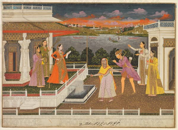 A blindfolded suitor is brought before a princess; verso: scrolling floral vines, 1755. Fayzullah (Indian, active c. 1730–1765). Opaque watercolor with gold on paper (recto); opaque watercolor with gold on paper (verso);