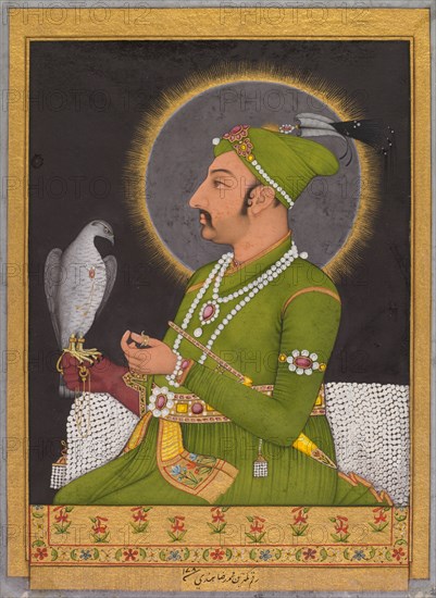 Posthumous portrait of the Mughal emperor Muhammad Shah (reigned 1719-1748) holding a falcon (recto); Calligraphy (verso), 1764. Muhammad Rizavi Hindi (Indian, active mid-1700s), Mahmud ibn Ishaq al-Shahabi (Persian, active mid- to late 1500s). Opaque watercolor, ink, and gold on paper (recto); ink and opaque watercolor with gold on paper (verso); page: 28 x 23.8 cm (11 x 9 3/8 in.).