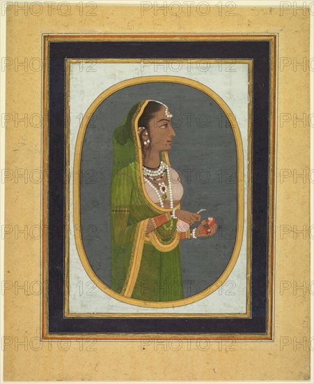 Court lady pouring wine, c. 1760; borders c. 1830s. Attributed to Muhammad Rizavi Hindi (Indian, active mid-1700s). Opaque watercolor, ink, and gold on paper; page: 30.6 x 25 cm (12 1/16 x 9 13/16 in.).