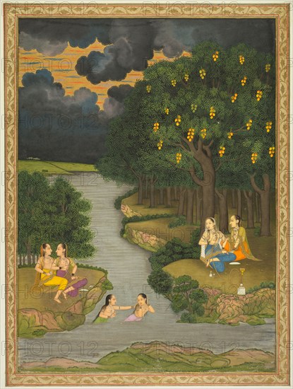 Women Enjoying the River at the Forest’s Edge, c. 1765. Style of Hunhar II (Indian, active mid-1700s). Opaque watercolor with gold on paper, narrow border of gold foliate meander (recto); page: 33.1 x 24.9 cm (13 1/16 x 9 13/16 in.).