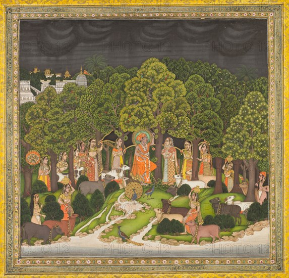Radha and Krishna meet in the forest during a storm, c. 1770. India, Bengal, Mughal, 18th century. Opaque watercolor with gold on paper, yellow borders with gold flower heads; page: 26.1 x 37.4 cm (10 1/4 x 14 3/4 in.).